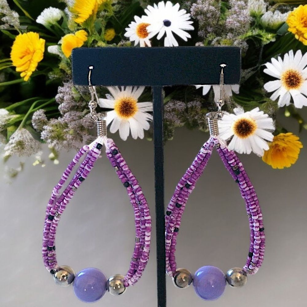 Bohemian Beaded Earrings Hoop Lilac Dangle Drop Handmade Beach Large Lightweight